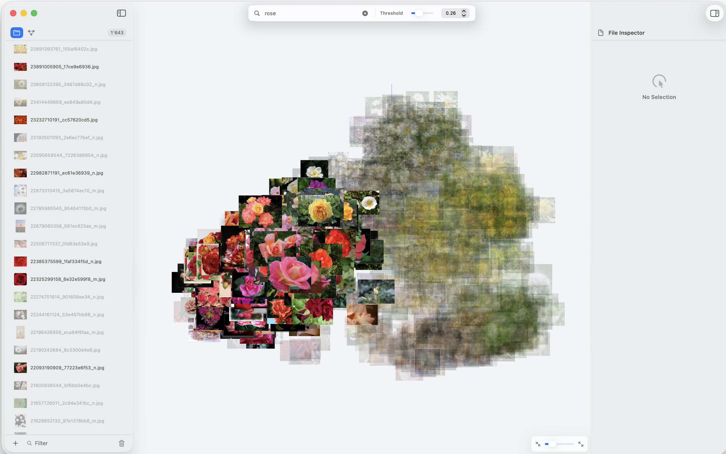 Semantic search highlighting rose images in the 3D scene