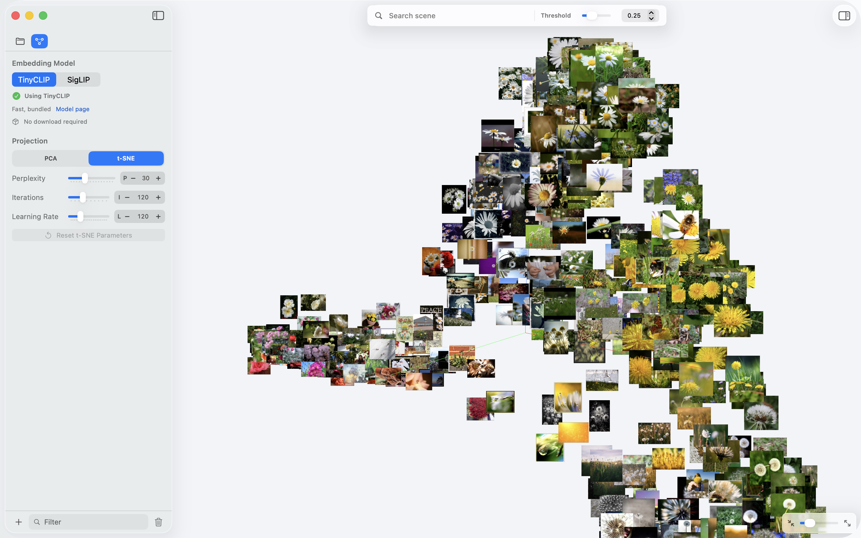 t-SNE projection controls separating a flower image collection into clusters